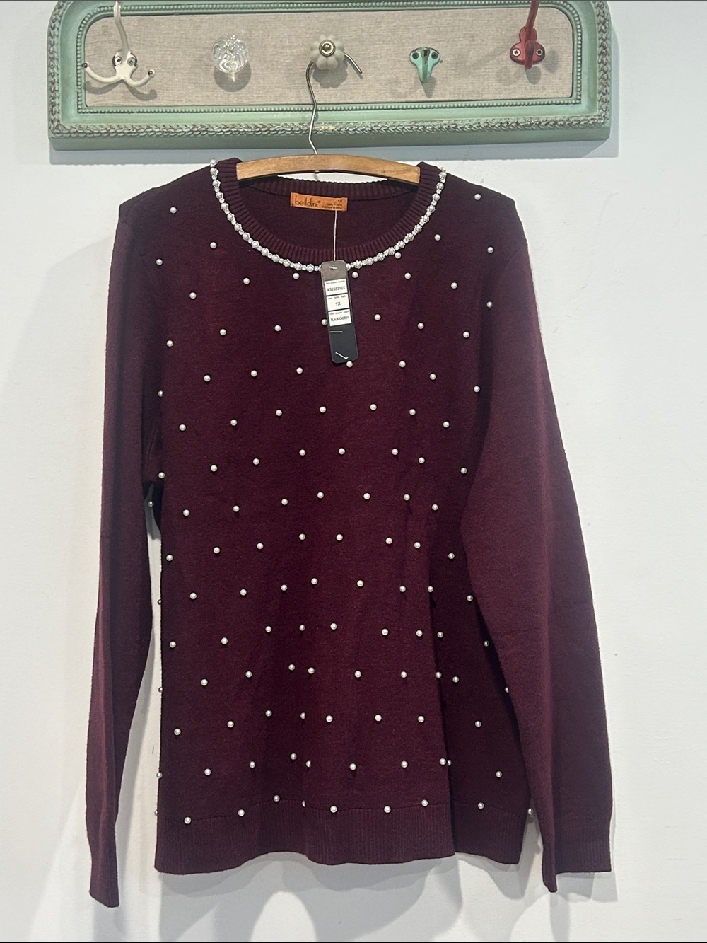 Belldini Burgundy Pearl-Trim rhinestone Crewneck Sweater women’s 1x plus new